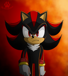 Size: 4500x5000 | Tagged: safe, artist:thewerewolven, shadow the hedgehog, 2025, abstract background, absurd res, explosion, frown, looking at viewer, signature, solo, walking, walking away