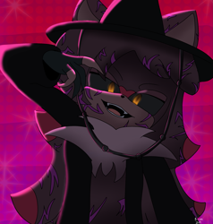 Size: 2361x2479 | Tagged: safe, artist:prismathehedgehog, oc, oc:cairo, hedgehog, 2025, abstract background, black sclera, crossover, demon markings, fangs, glowing eyes, jinu (k-pop demon hunters), k-pop demon hunters, lidded eyes, looking at viewer, mouth open, oc only, open smile, smile, solo, standing