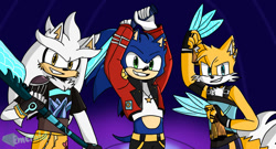 Size: 1280x692 | Tagged: safe, artist:emeraldechoesx, miles "tails" prower, silver the hedgehog, sonic the hedgehog, 2025, abstract background, crossover, holding something, huntr/x, k-pop demon hunters, looking at viewer, mira (k-pop demon hunters), rumi (k-pop demon hunters), signature, smiling at viewer, standing, trio, weapon, zoey (k-pop demon hunters)