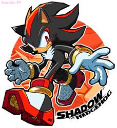 Size: 1150x1260 | Tagged: safe, artist:sparckleth, shadow the hedgehog, 2025, abstract background, character name, frown, looking offscreen, outline, solo, text, walking