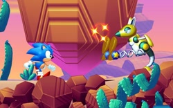 Size: 504x314 | Tagged: safe, artist:christian whitehead, sonic the hedgehog, 2025, abstract background, badnik, classic sonic, duo, kanga clanga, prototype, robot, running, screencap