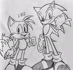 Size: 2048x1966 | Tagged: safe, artist:supermilobros, miles "tails" prower, sonic the hedgehog, 2021, clenched fist, duo, grey background, line art, looking at viewer, monochrome, mouth open, open smile, pointing, redraw, simple background, smile, smiling at viewer, sonic 4: episode 2, standing, traditional media