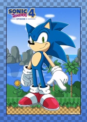 Size: 1463x2048 | Tagged: safe, artist:miguelb_32x, sonic the hedgehog, 2022, abstract background, clouds, flower, grass, palm tree, pointing, rock, smile, smiling at viewer, solo, sonic 4:episode 1, splash hill zone, sunflower, tree, water