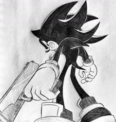 Size: 1775x1863 | Tagged: safe, artist:supermilobros, shadow the hedgehog, 2025, black and white, clenched teeth, gun, looking at viewer, looking back, looking back at viewer, monochrome, shadow the hedgehog (video game), signature, solo, standing, traditional media