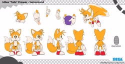 Size: 4096x2094 | Tagged: safe, artist:tyson hesse, miles "tails" prower, sonic dream team, character name, character sheet, dream orb, flat colors, official artwork, reference sheet, sega logo, simple background, solo, text, white background