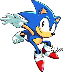 Size: 969x1124 | Tagged: safe, artist:sanekogato, sonic the hedgehog, sonic origins, 2022, classic sonic, clenched fist, falling, mid-air, signature, simple background, smile, smiling at viewer, solo, tyson hesse style, white background