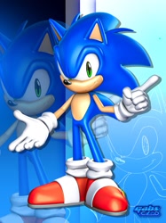 Size: 1532x2047 | Tagged: safe, artist:gabs_c4d, sonic the hedgehog, 2025, 3d, abstract background, echo background, pointing, signature, smile, smiling at viewer, solo, standing, tyson hesse style