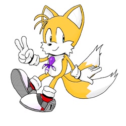 Size: 1200x1200 | Tagged: safe, artist:vizzo2006, miles "tails" prower, sonic adventure, 2021, flat colors, jet anklet, looking back, looking offscreen, redraw, rhythm badge, simple background, smile, solo, tyson hesse style, v sign, white background