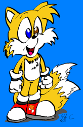 Size: 584x892 | Tagged: safe, artist:spongefox, miles "tails" prower, 2010, blue background, flat colors, heterochromia, mouth open, open smile, shadow (lighting), signature, simple background, smile, solo, standing