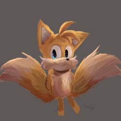 Size: 1280x1280 | Tagged: safe, artist:fley0k1, miles "tails" prower, 2021, grey background, hands behind back, lineless, signature, simple background, smile, smiling at viewer, solo, standing