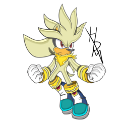 Size: 1920x1920 | Tagged: safe, artist:hiddenmatrixyt, silver the hedgehog, 2020, clenched fists, flying, frown, looking offscreen, mid-air, signature, simple background, solo, super form, super silver, uekawa style, white background, youtube link in description