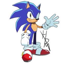 Size: 1920x1920 | Tagged: safe, artist:hiddenmatrixyt, sonic the hedgehog, 2020, redraw, signature, simple background, smile, smiling at viewer, solo, standing, tyson hesse style, waving, white background, youtube link in description