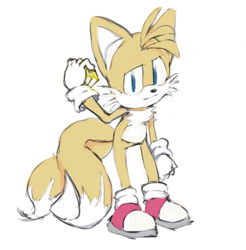 Size: 1005x1022 | Tagged: safe, artist:genesishero, miles "tails" prower, 2022, bending over, chaos emerald, flat colors, holding something, simple background, smile, smiling at viewer, solo, standing, white background