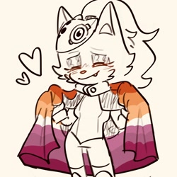 Size: 2048x2048 | Tagged: safe, artist:somemismatchedsocks, whisper the wolf, 2025, blushing, cute, grey background, heart, holding something, lesbian, lesbian pride, monochrome, one fang, pride, pride flag, simple background, smile, solo, spot color, standing, whispabetes
