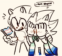 Size: 1777x1615 | Tagged: safe, artist:somemismatchedsocks, shadow the hedgehog, sonic the hedgehog, 2025, arm around shoulders, cape, covering face, dialogue, duo, embarrassed, english text, flag, gay, grey background, holding something, line art, looking at viewer, mlm pride, monochrome, mouth open, pride, pride flag, shadow x sonic, shipping, simple background, smile, speech bubble, spot color, sweatdrop, text, top surgery scars, trans boy sonic, trans male, trans pride, transgender