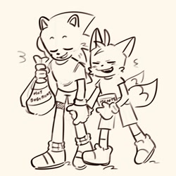 Size: 2048x2048 | Tagged: safe, artist:somemismatchedsocks, miles "tails" prower, sonic the hedgehog, 2025, bag, clothes, cute, duo, eyes closed, grey background, groceries, holding hands, holding something, line art, monochrome, mouth open, open smile, shirt, shorts, simple background, smile, sonabetes, tailabetes, walking