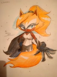 Size: 1536x2048 | Tagged: safe, artist:sonicthehedgehogn, whisper the wolf, 2025, frown, hand on hip, lidded eyes, looking at viewer, one fang, signature, solo, traditional media