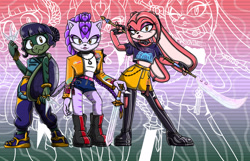 Size: 2048x1317 | Tagged: safe, artist:smaximations, rabbit, 2025, barely sonic related, clothes, crossover, echo background, holding something, huntr/x, k-pop demon hunters, lidded eyes, lipstick, looking at viewer, mira (k-pop demon hunters), mobianified, rumi (k-pop demon hunters), smile, smiling at viewer, standing, sword, tiger, trio, turtle, weapon, zoey (k-pop demon hunters)