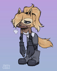 Size: 800x1000 | Tagged: safe, artist:taffywabbit, whisper the wolf, 2025, bending over, chest fluff, faic, fangs, gradient background, lidded eyes, looking offscreen, messy hair, mouth open, sighing, solo, standing, tired