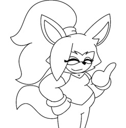 Size: 879x893 | Tagged: safe, artist:bowserbowser29, whisper the wolf, 2025, chubby, cleavage, eyes closed, hand on hip, line art, looking offscreen, monochrome, simple background, smile, solo, standing, thumbs up, white background
