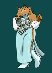 Size: 1000x1400 | Tagged: safe, artist:luriart, whisper the wolf, 2025, alternate outfit, arm warmers, boots, dress, eyes closed, flower, frown, simple background, solo, standing, standing on one leg, turquoise background