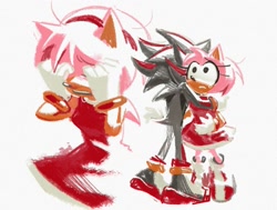Size: 1908x1439 | Tagged: safe, artist:maightymai, amy rose, shadow the hedgehog, 2025, clenched teeth, comforting, covering eyes, covering face, crying, duo, hugging, simple background, standing, tears, tears of sadness, white background