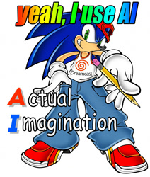 Size: 1692x2000 | Tagged: safe, artist:ketrindarkdragon, sonic the hedgehog, 2025, cap, caption, clenched teeth, clothes, dreamcast logo, english text, hat, holding something, jeans, looking at viewer, meme, pants, pencil, simple background, smile, smiling at viewer, solo, standing, tank top, text, uekawa style, white background, words on a shirt, yeah i use