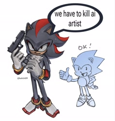 Size: 1944x2048 | Tagged: safe, artist:kalichi09, shadow the hedgehog, sonic the hedgehog, 2025, duo, english text, gun, holding something, looking at viewer, mouth open, signature, simple background, speech bubble, standing, talking, text, thumbs up, white background