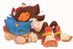 Size: 2048x1396 | Tagged: safe, artist:pollendotberry, shadow the hedgehog, sonic the hedgehog, 2025, bleeding, bleeding from mouth, blood, duo, ear fluff, eyes closed, frown, gay, injured, lying down, lying on them, scratch (injury), shadow x sonic, shipping, simple background, sitting, sleeping, white background