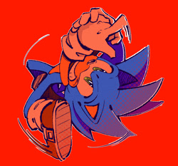 Size: 1263x1179 | Tagged: safe, artist:candycatstuffs, sonic the hedgehog, 2025, clenched teeth, eyestrain, fingergun, looking up, mid-air, outline, red background, simple background, smile, solo