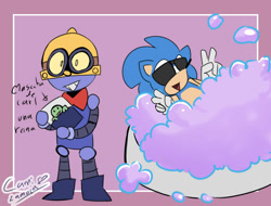 Size: 1280x973 | Tagged: safe, artist:darkilart13, sonic the hedgehog, hedgehog, bowtie, brawl stars, bubbles, carl (brawl stars), crossover, duo male, gloves, looking at viewer, open mouth, open smile, overalls, pool, robot, shoes, smile, smiling at viewer, sunglasses, text