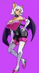 Size: 1500x2800 | Tagged: suggestive, artist:jrpuls3, rouge the bat, human, busty rouge, cleavage, humanized, partially humanized, purple background, simple background, solo