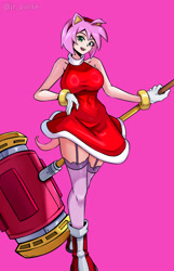 Size: 1800x2800 | Tagged: safe, artist:jrpuls3, amy rose, human, busty amy, humanized, partially humanized, piko piko hammer, pink background, simple background, stockings, thigh high socks