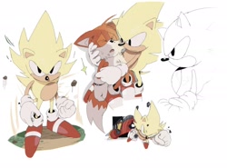 Size: 2048x1512 | Tagged: safe, artist:piraonisas77340, miles "tails" prower, sonic the hedgehog, super sonic, 2025, carrying them, classic sonic, classic tails, death egg robot, duo, flat colors, injured, looking at viewer, looking offscreen, scratch (injury), scuff mark, simple background, super form, white background