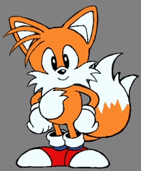 Size: 595x720 | Tagged: safe, artist:dsprite_e, miles "tails" prower, 2025, alternate version, classic tails, cute, flat colors, grey background, hands on hips, looking at viewer, simple background, smile, smiling at viewer, solo, standing