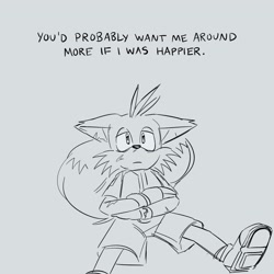 Size: 2048x2048 | Tagged: safe, artist:jam06art, miles "tails" prower, nine, sonic prime, 2025, arms folded, ear fluff, english text, floppy ears, grey background, line art, monochrome, simple background, sitting, solo, text