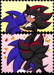 Size: 948x1307 | Tagged: safe, artist:fun_justfun, shadow the hedgehog, sonic the hedgehog, 2025, cute, duo, frown, gay, heart, hugging, kiss, shadow x sonic, shipping, smile, sonabetes