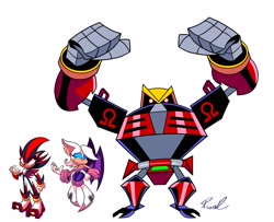 Size: 2048x1659 | Tagged: safe, artist:arionmiitoons, e-123 omega, rouge the bat, shadow the hedgehog, 2021, robot, signature, simple background, standing, team dark, trio, white background