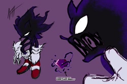 Size: 2048x1365 | Tagged: safe, artist:n_t_h1, sonic the hedgehog, sonic unleashed, 2025, chaos emerald, corruption, dark form, dark sonic, english text, no pupils, purple background, redesign, signature, simple background, solo, standing, text
