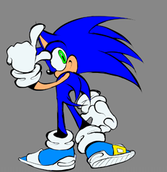 Size: 600x618 | Tagged: safe, artist:camomilaxd, sonic the hedgehog, 2025, blue shoes, flat colors, grey background, looking at viewer, looking back, looking back at viewer, pointing, simple background, smile, smiling at viewer, solo