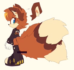 Size: 2048x1943 | Tagged: safe, artist:kikikaela, miles "tails" prower, 2022, alternate universe, biker jacket, boots, brown fur, dyed hair, ear fluff, ear piercing, earring, flat colors, freckles, fur markings, jacket, looking at viewer, looking back, looking back at viewer, signature, simple background, solo, white background