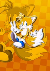 Size: 1434x2048 | Tagged: safe, artist:amarsalt__, miles "tails" prower, 2025, blue shoes, checkered background, echo background, outline, redraw, smile, smiling at viewer, solo, sonic x style, v sign