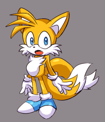 Size: 533x616 | Tagged: safe, artist:spmirai, miles "tails" prower, 2025, blue shoes, fangs, grey background, looking at viewer, mouth open, simple background, solo, standing