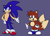Size: 1526x1112 | Tagged: safe, artist:jukobut3, miles "tails" prower, sonic the hedgehog, adventures of sonic the hedgehog, 2025, blue shoes, duo, flat colors, looking at viewer, looking offscreen, mouth open, open smile, purple background, simple background, smile, smiling at viewer, standing