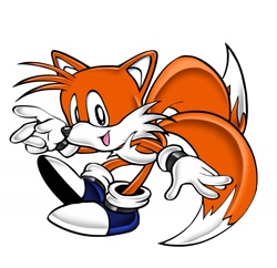 Size: 1331x1289 | Tagged: safe, artist:kolsanart, miles "tails" prower, 2025, alternate version, blue fur, classic tails, mouth open, open smile, posing, redraw, simple background, smile, smiling at viewer, solo, uekawa style, white background