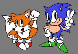 Size: 1560x1089 | Tagged: safe, artist:stryk85, miles "tails" prower, sonic the hedgehog, 2025, classic sonic, classic tails, clenched fist, clenched teeth, duo, flat colors, green shoes, grey background, hand on hip, mouth open, ms paint, open smile, simple background, smile, smiling at viewer, standing, v sign