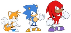 Size: 1352x635 | Tagged: safe, artist:tyson hesse, editor:sun milf, knuckles the echidna, miles "tails" prower, sonic the hedgehog, 2024, blue shoes, classic knuckles, classic sonic, classic tails, color edit, edit, frown, purple shoes, simple background, smile, standing, tan skin, team sonic, trio, white background, yellow shoes