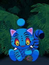 Size: 1536x2048 | Tagged: safe, artist:lightdrive00, chao, 2025, abstract background, barely sonic related, bush, chaoified, crossover, derpy (k-pop demon hunters), fangs, k-pop demon hunters, looking at something, nighttime, outdoors, plant, plant pot, sitting, solo, yellow sclera