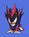 Size: 1638x2048 | Tagged: safe, artist:nabii_blue, shadow the hedgehog, 2025, all fours, angry, blue background, frizzed, looking at viewer, no mouth, signature, simple background, solo
