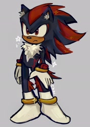 Size: 1450x2048 | Tagged: safe, artist:astrxchoi, shadow the hedgehog, 2025, chest fluff, cute, ear fluff, frown, grey background, leg fluff, looking offscreen, shoes off, signature, simple background, socks, solo, sparkles, star (symbol), tan skin